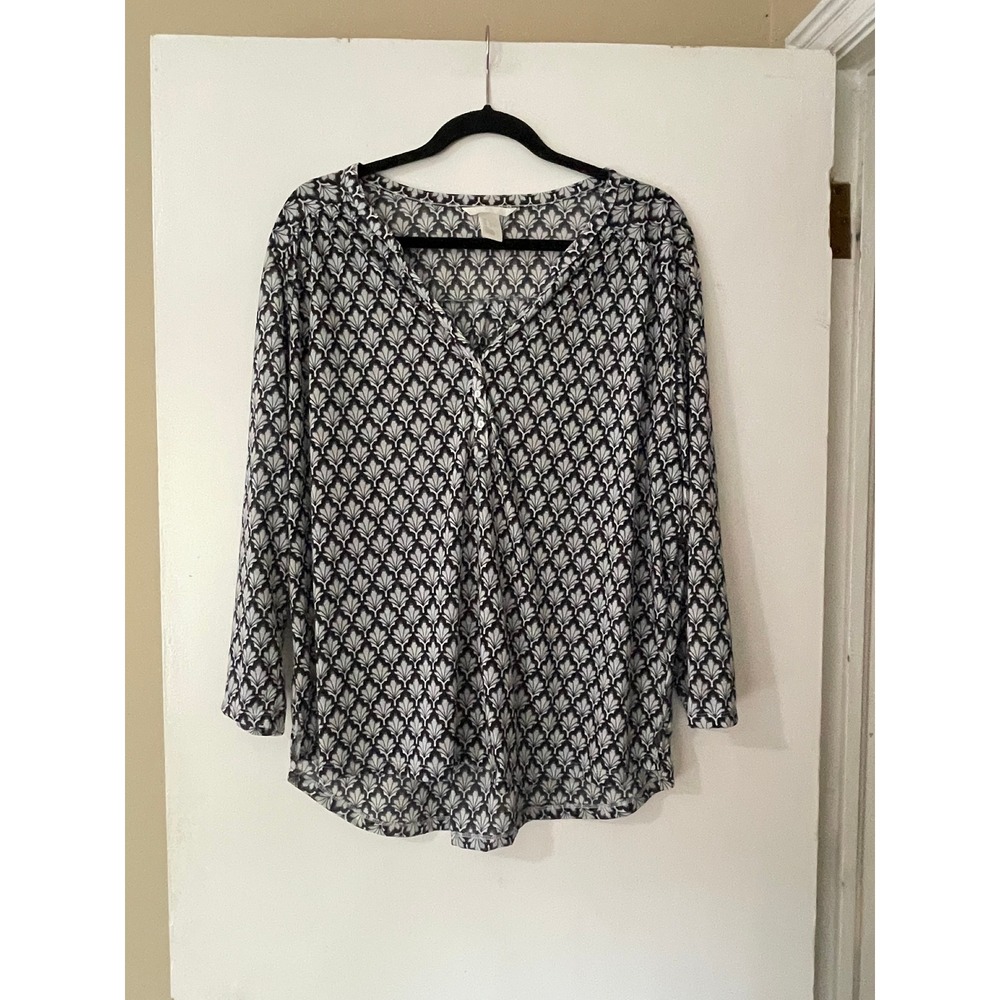 H&M Womens Long Sleeve V‎ Neck Printed Tunic Top XL Black White Leaf Pattern
